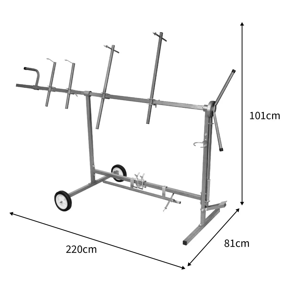 T-Mech Rotary Paint Panel Stand with a sturdy metal frame, adjustable height, and wheels for easy mobility, measuring 220cm by 101cm