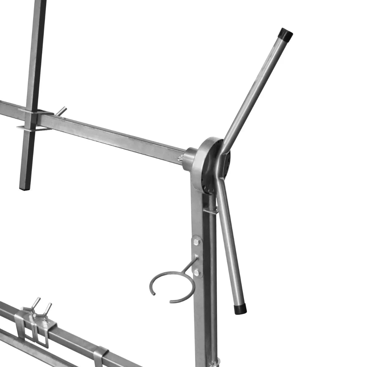T-Mech Rotary Paint Panel Stand features a sturdy metal frame with adjustable arms and a convenient paint can holder for easy access