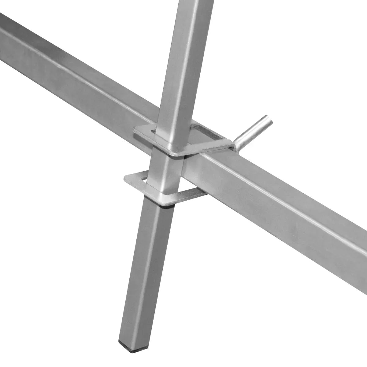 Durable silver metal frame of the T-Mech Rotary Paint Panel Stand, showcasing adjustable height and sturdy cross support design