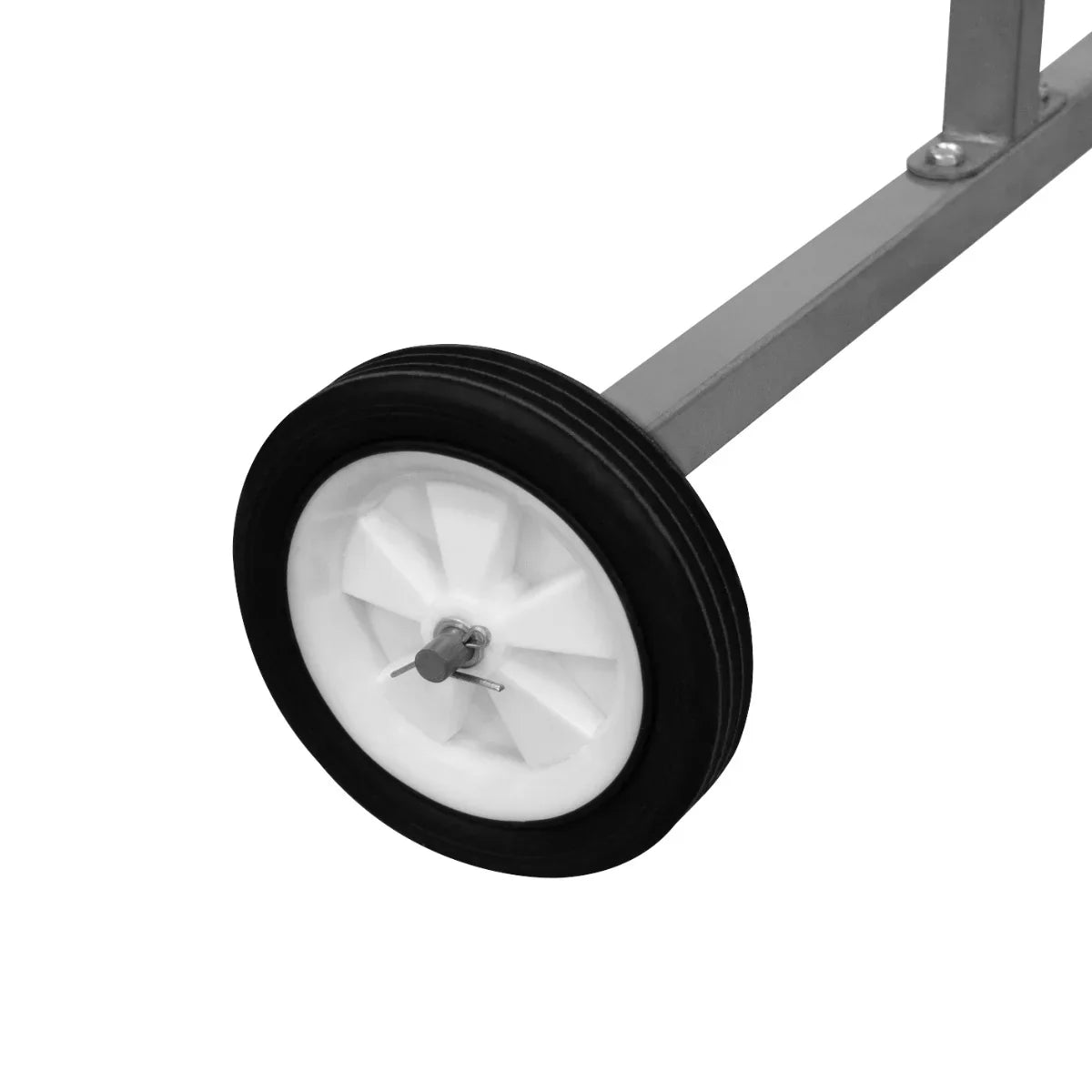 Close-up of the T-Mech Rotary Paint Panel Stand's sturdy wheel, featuring a black rubber tire and white plastic rim for easy mobility