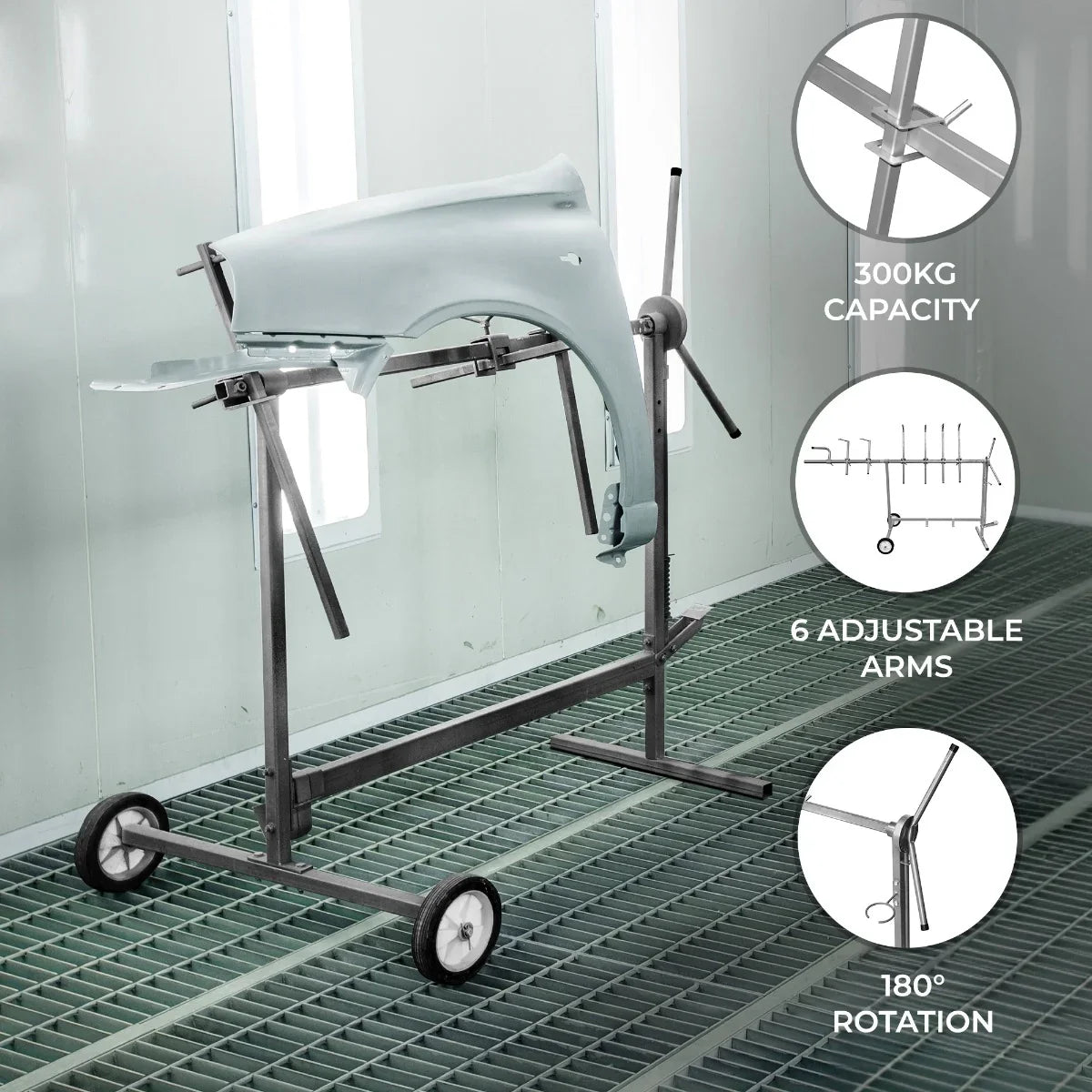 T-Mech Rotary Paint Panel Stand with a sturdy metal frame, six adjustable arms, and 180° rotation, designed for easy painting of large panels