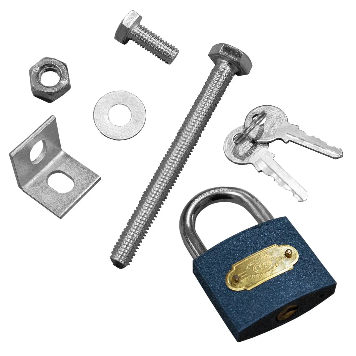 Collapsible mesh cage for gas bottles, featuring a sturdy metal frame, lockable padlock, and various hardware for secure assembly