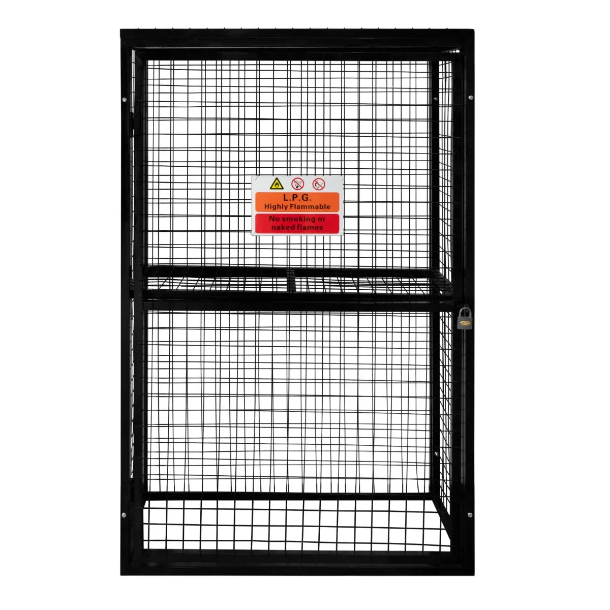 Collapsible black mesh cage for gas bottles, measuring 184 x 116 x 57cm, featuring a warning sign and secure locking mechanism