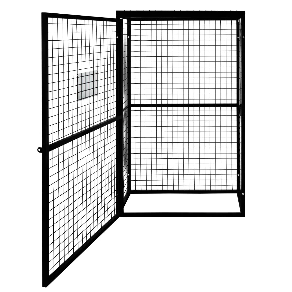 Collapsible black mesh cage for gas bottles, measuring 184 x 116 x 57cm, featuring a sturdy grid design and double doors for easy access