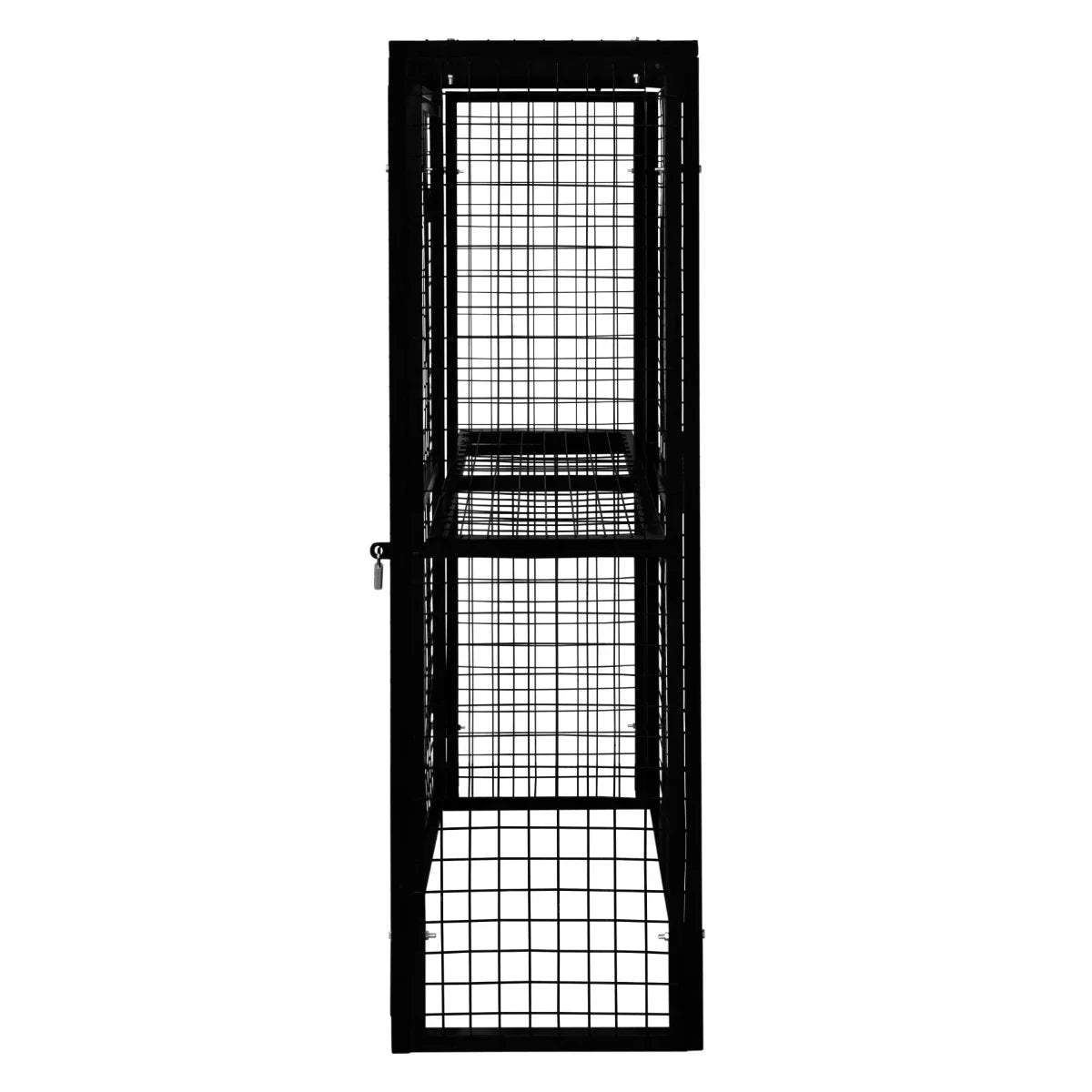Collapsible black mesh cage for gas bottles, measuring 184 x 116 x 57cm, featuring a sturdy frame and secure locking door