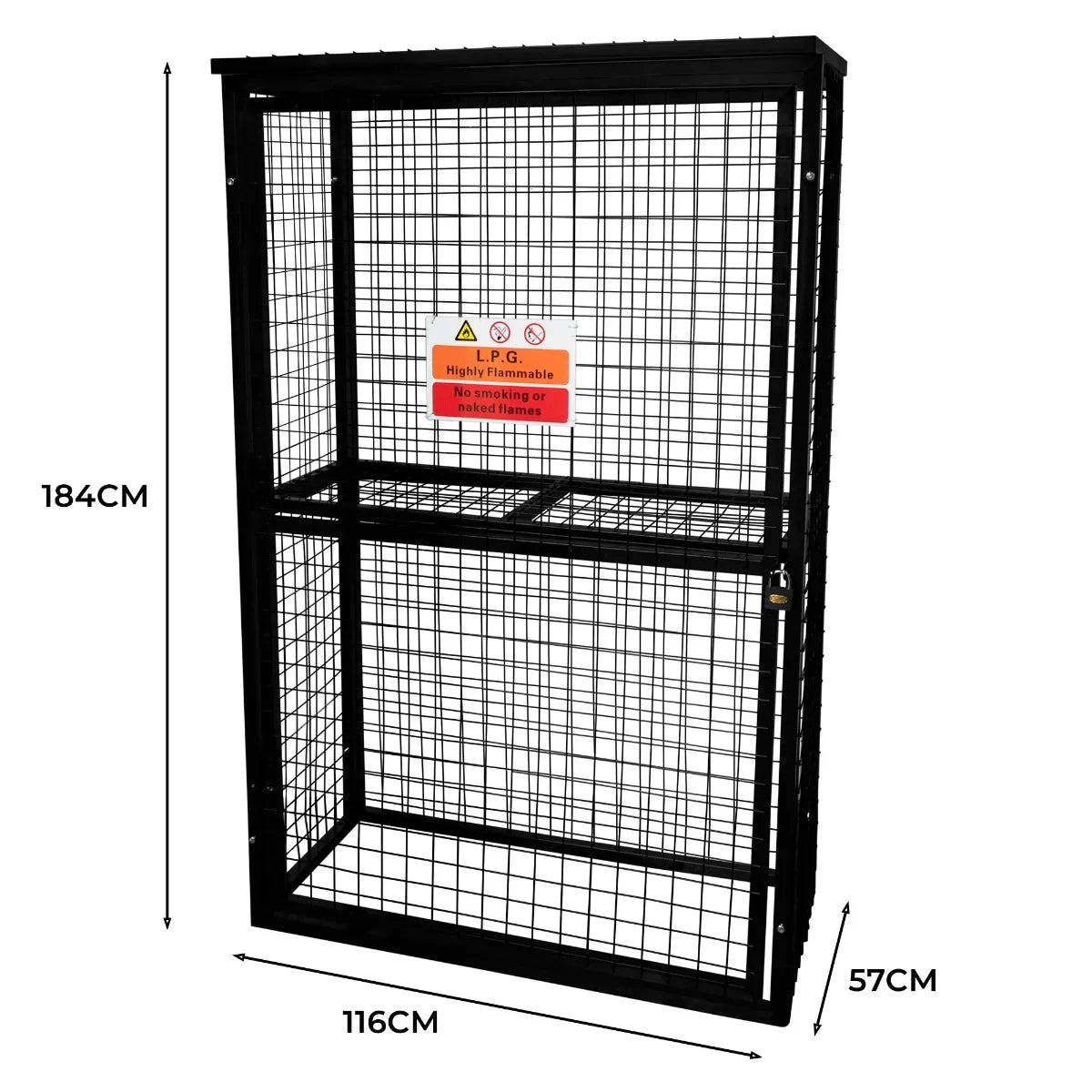 Collapsible black mesh cage for gas bottles, measuring 184 x 116 x 57cm, featuring a secure lock and warning sign for safety