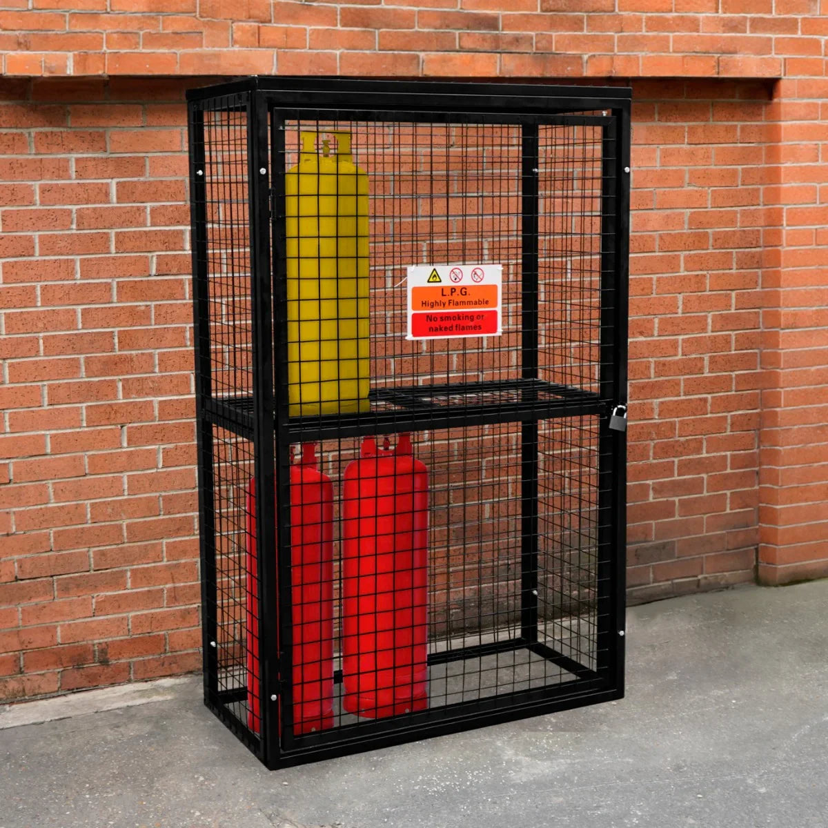 Collapsible mesh cage for gas bottles, featuring a sturdy black frame, two red and one yellow gas cylinder, and safety signage