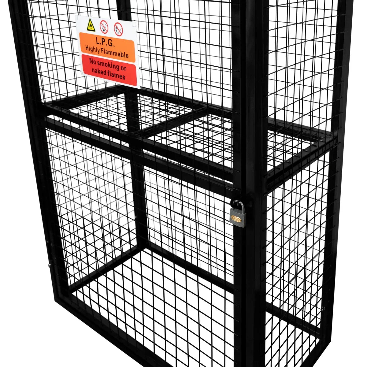 Collapsible black mesh cage for gas bottles, featuring a secure lock, warning signs, and a sturdy rectangular frame design