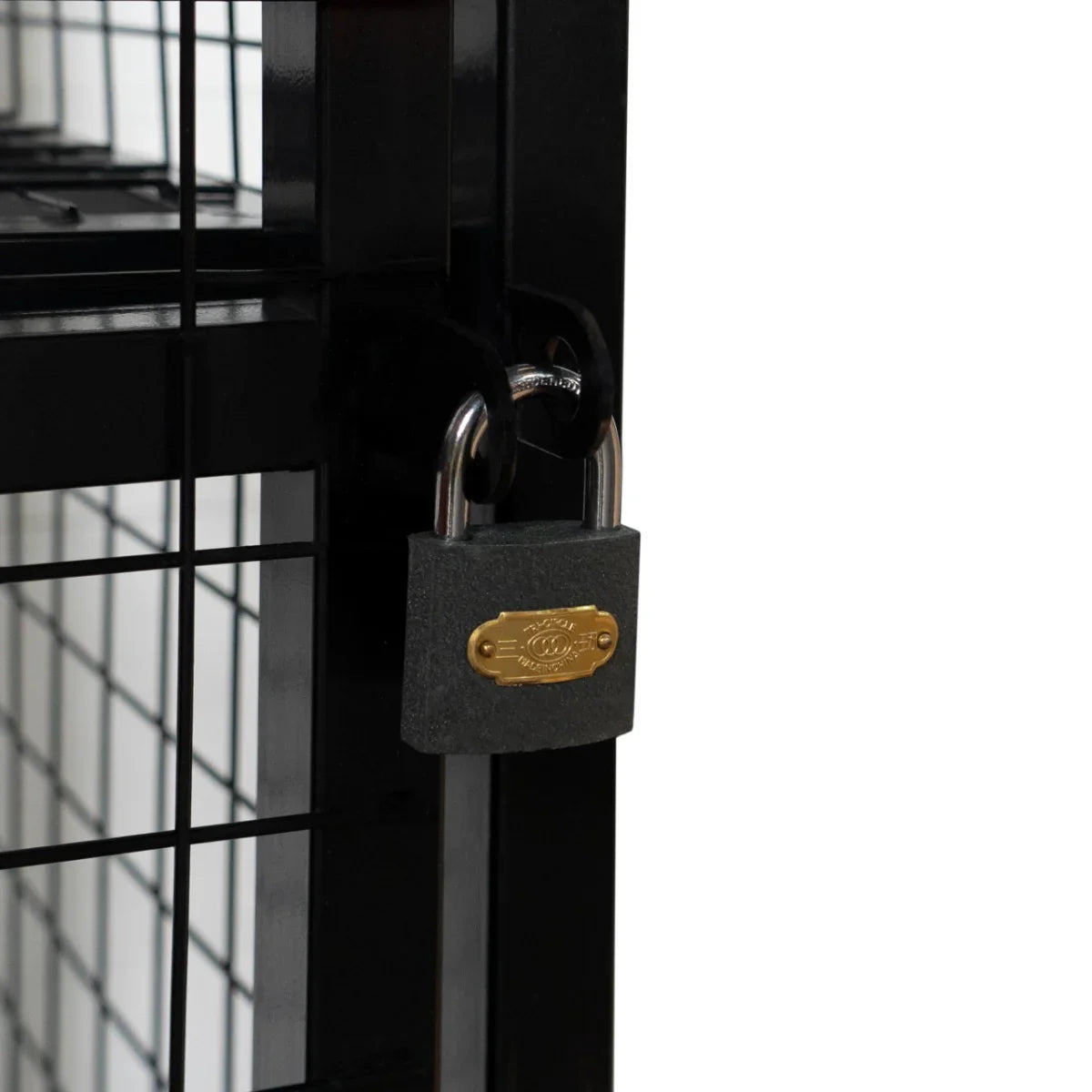 Collapsible mesh cage for gas bottles, featuring a sturdy black metal frame, secure padlock, and grid design for ventilation