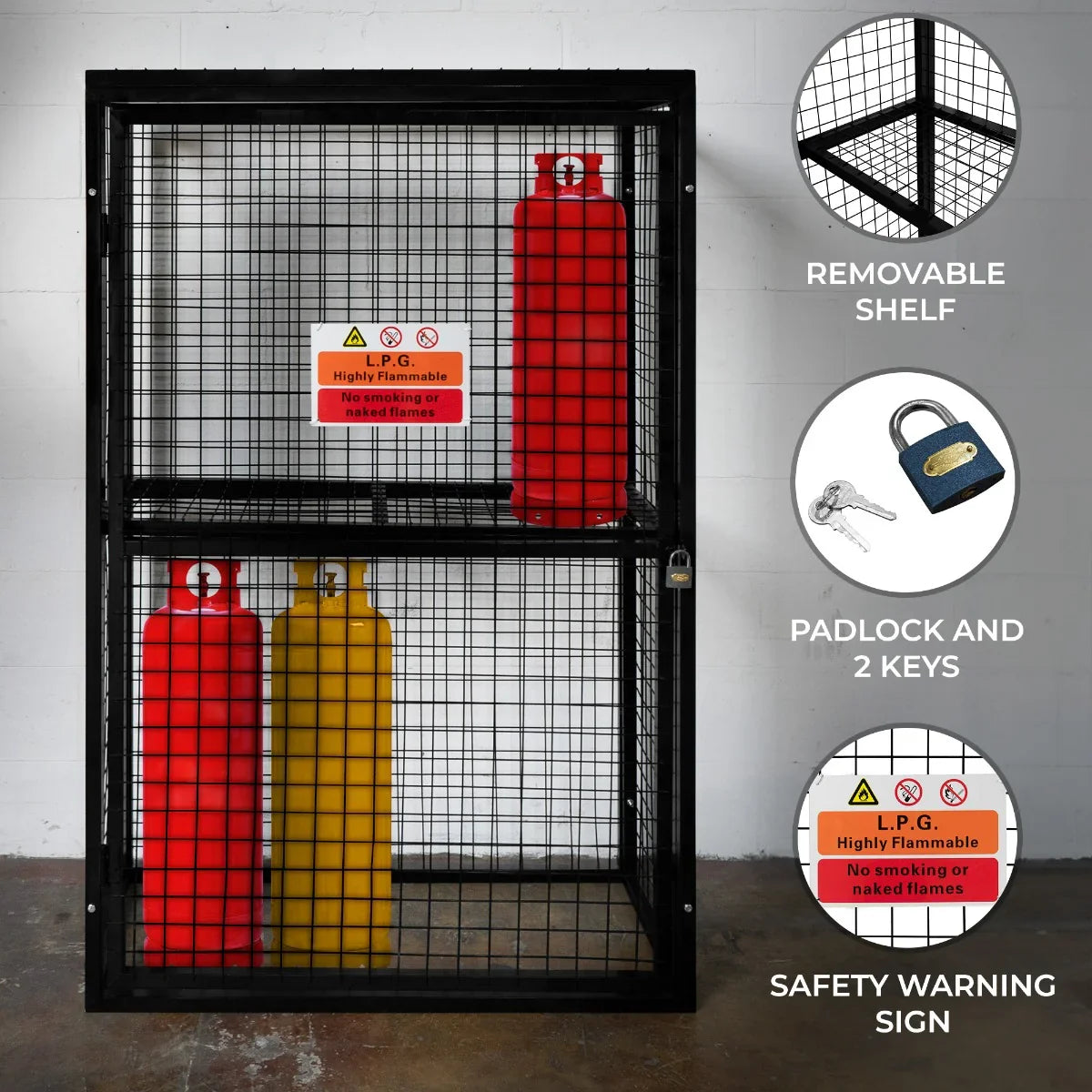 Collapsible mesh cage for gas bottles, featuring a removable shelf, padlock with keys, and safety warning signs in red and yellow