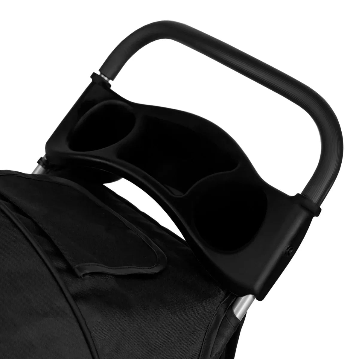 Black pet stroller handle with cup holders, featuring a sleek design and durable material, ideal for comfortable pet transport