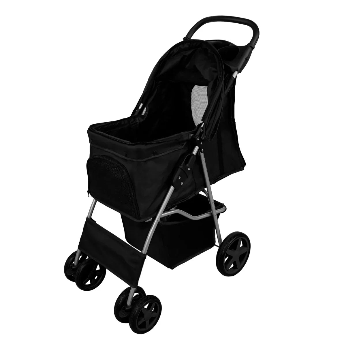 Black pet stroller featuring a spacious cabin, mesh windows for ventilation, and a rain cover, designed for comfort and convenience
