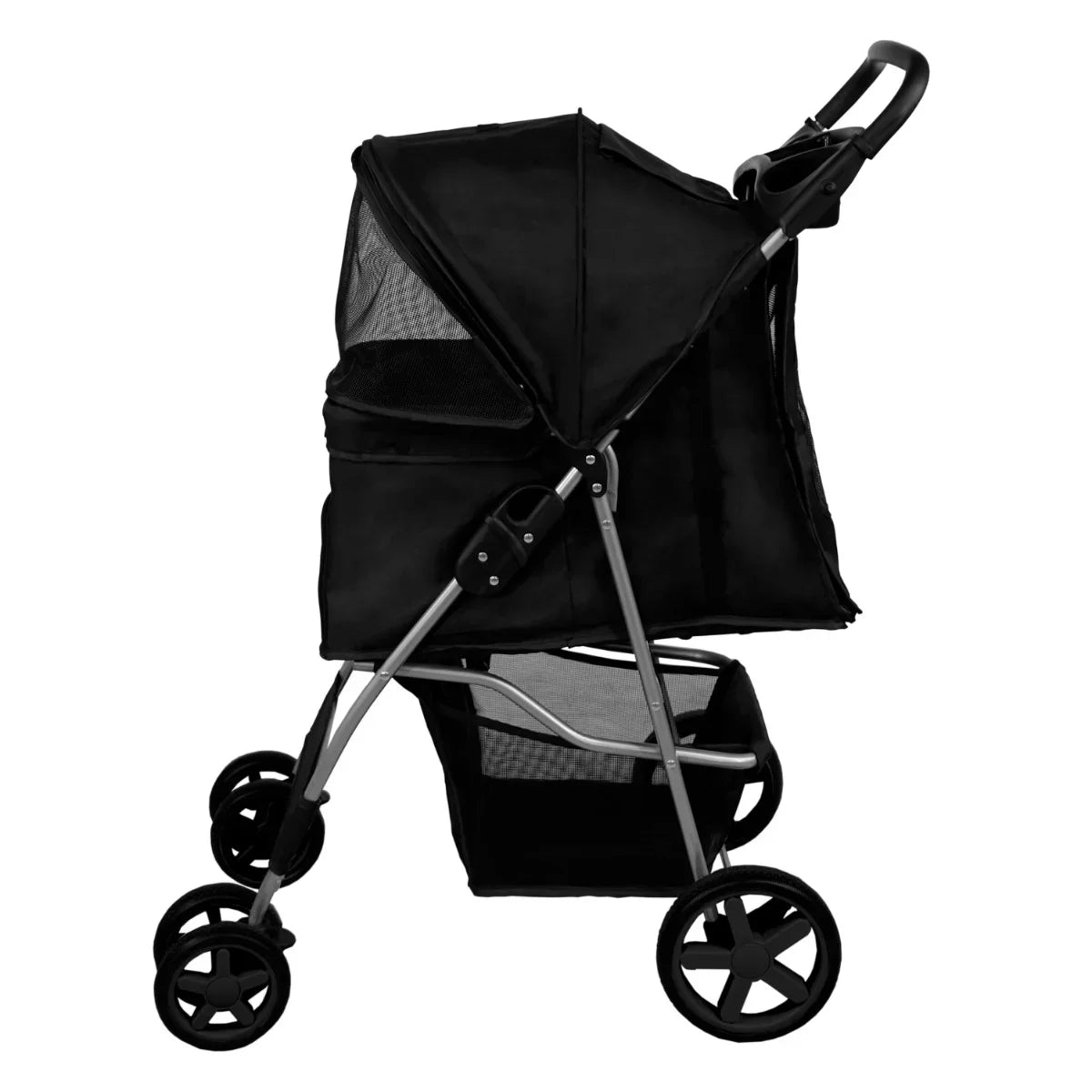 Black pet stroller featuring a mesh canopy, spacious interior, and a sturdy frame, designed for comfort and convenience