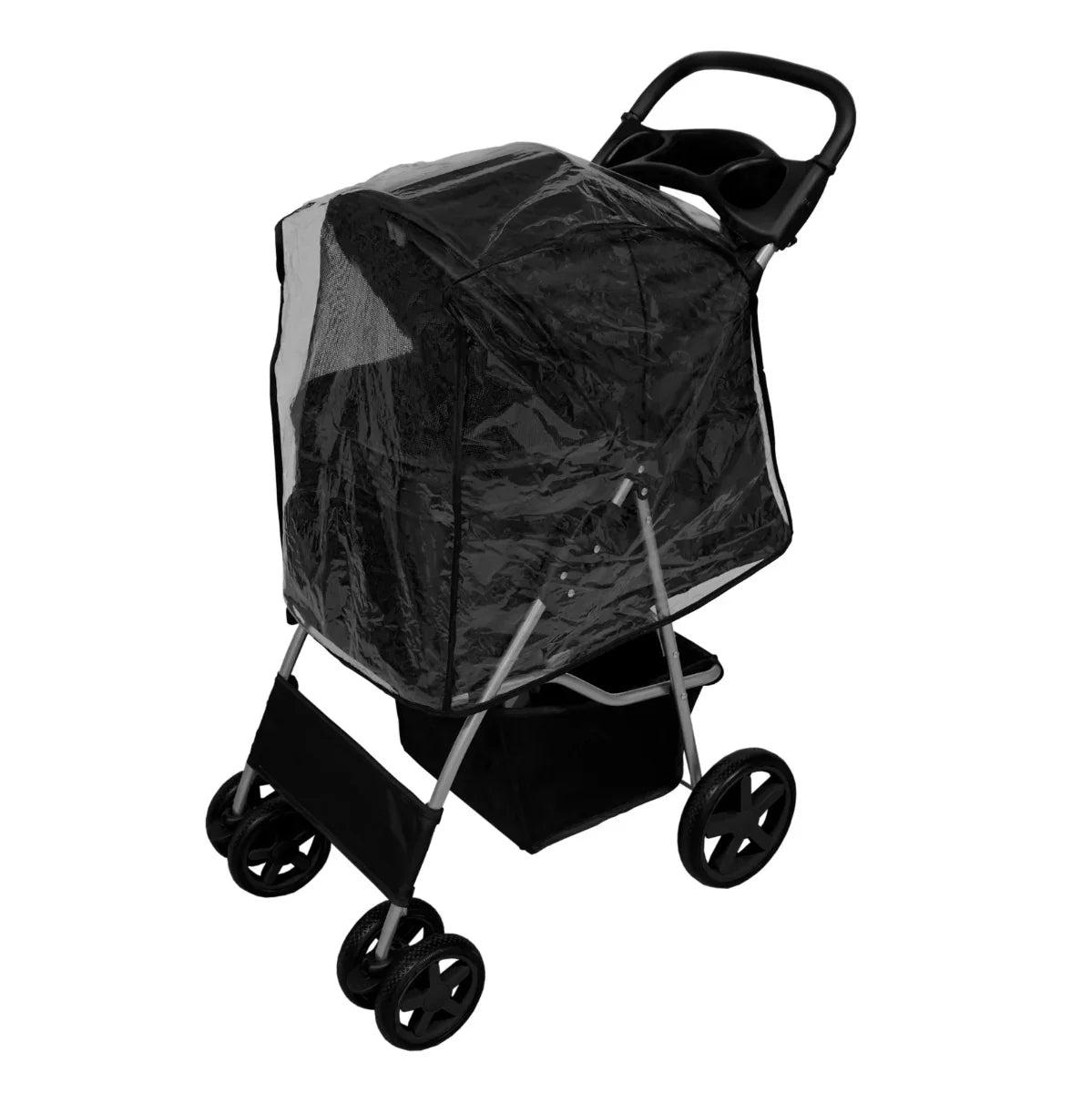 Black pet stroller with a transparent rain cover, featuring a sturdy frame, large wheels, and a spacious compartment for pets