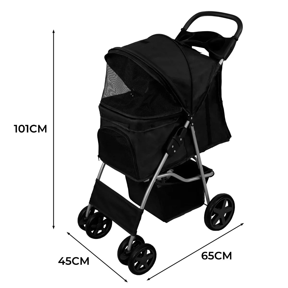 Black pet stroller with rain cover, featuring a spacious mesh window, sturdy wheels, and a lower storage basket for convenience