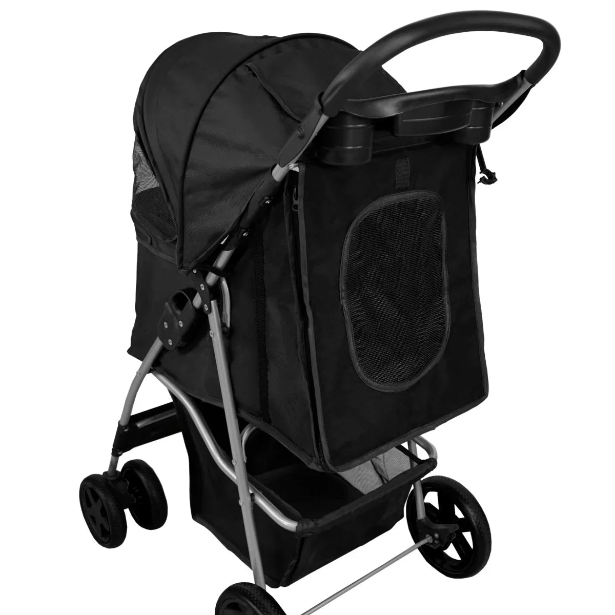 Black pet stroller featuring a rain cover, sturdy frame, mesh panels for ventilation, and spacious storage basket underneath