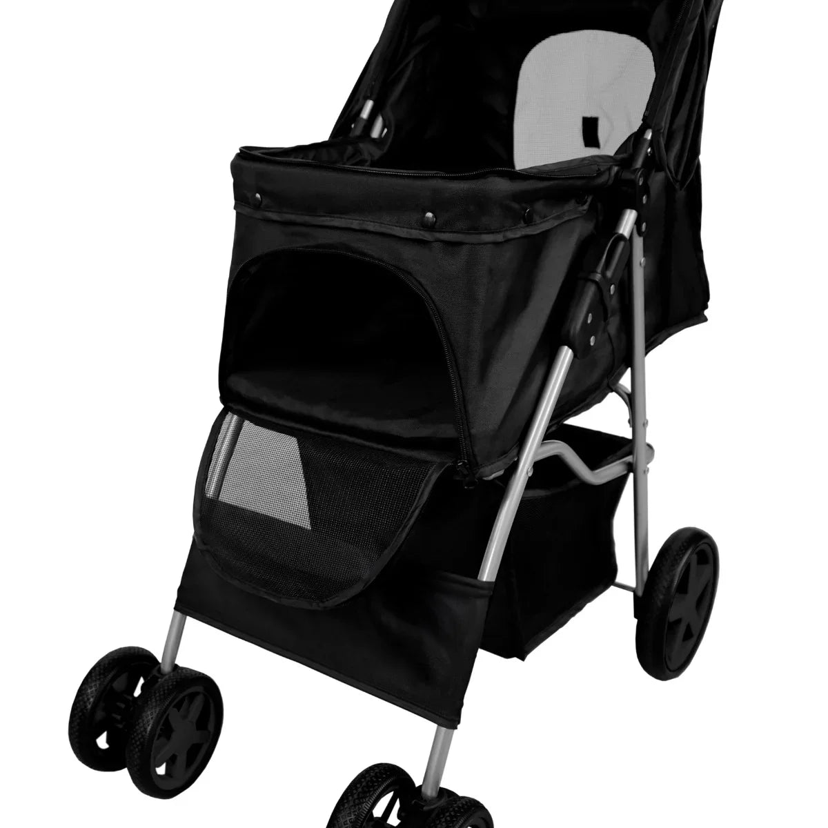 Black pet stroller featuring a rain cover, spacious mesh compartment, sturdy wheels, and a sleek, modern design for easy transport