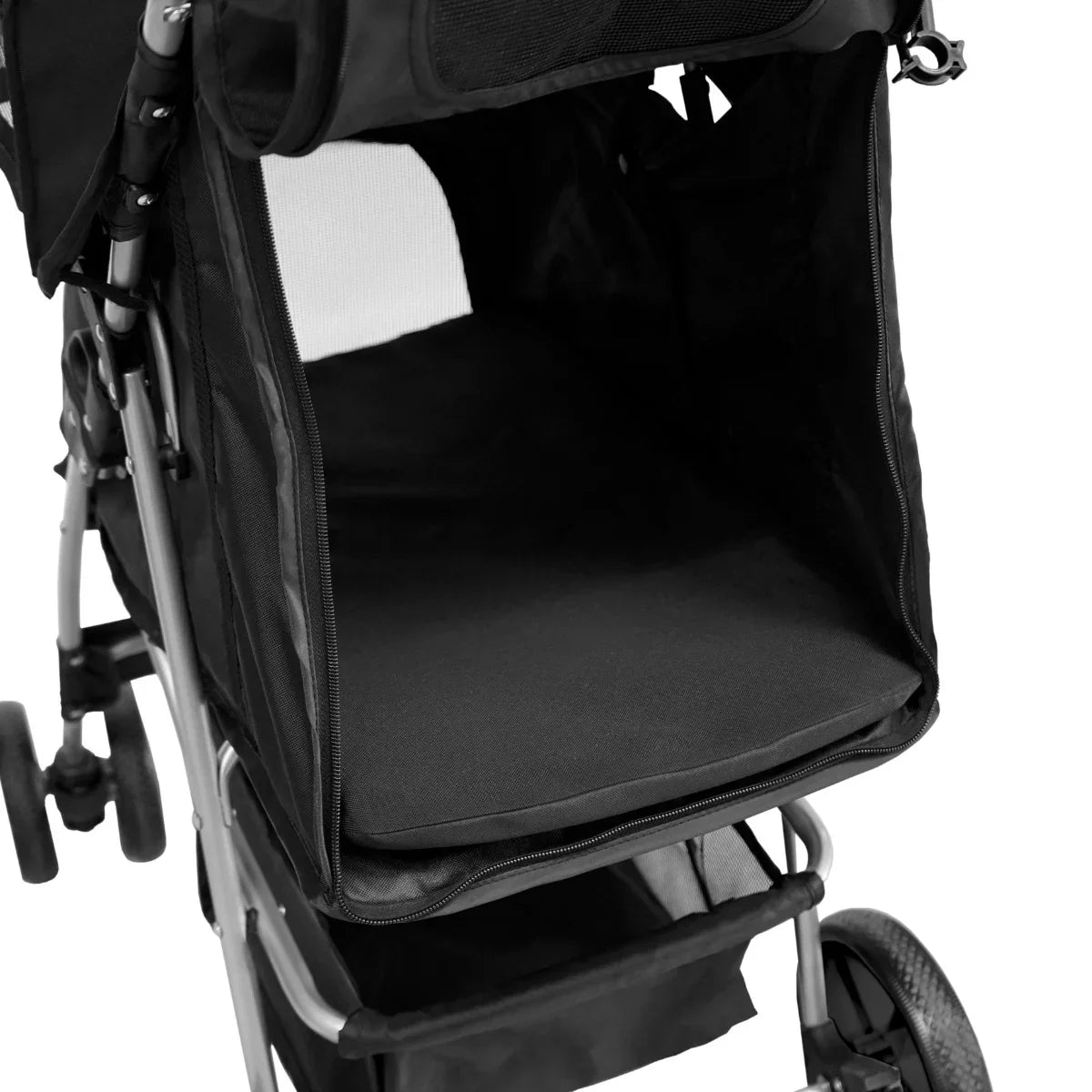 Black pet stroller with a spacious, padded interior, featuring a mesh panel for ventilation and a sturdy frame for durability