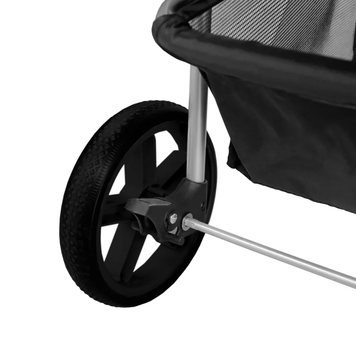 Black pet stroller featuring a durable rain cover, sturdy wheels, and a sleek design for comfortable pet transport