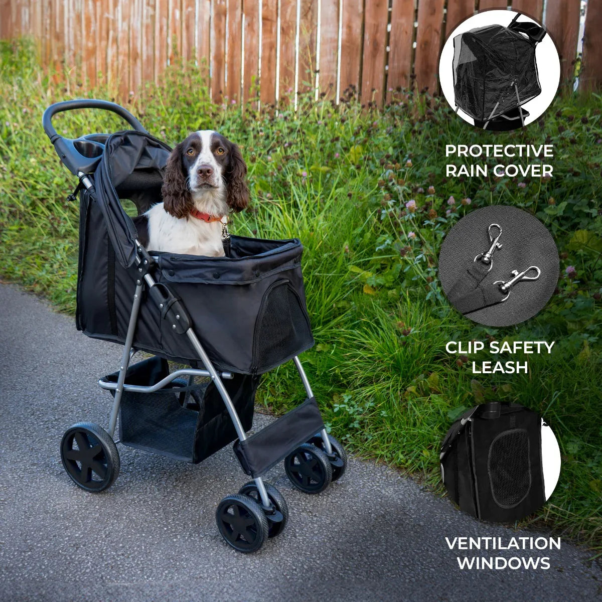 Black pet stroller featuring a protective rain cover, ventilation windows, and a clip safety leash, ideal for outdoor adventures