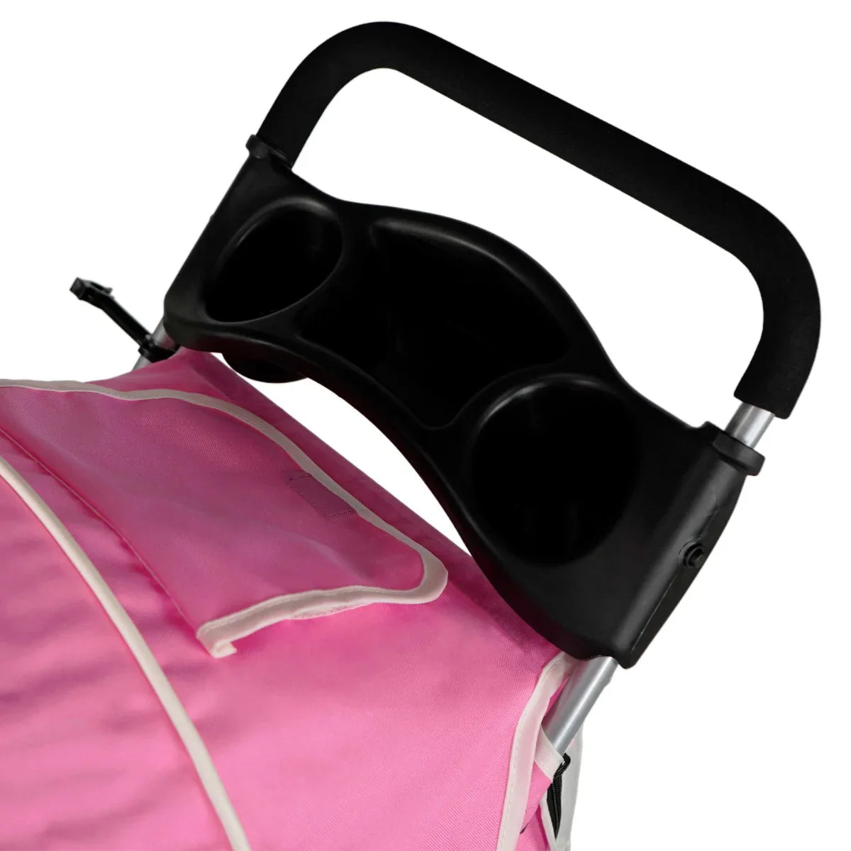 Pink pet stroller featuring a comfortable handle, cup holders, and a soft fabric rain cover for protection against the elements