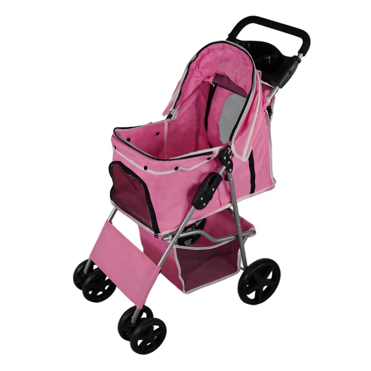 Pink pet stroller featuring a rain cover, sturdy frame, spacious mesh-lined interior, and smooth-rolling wheels for easy maneuverability