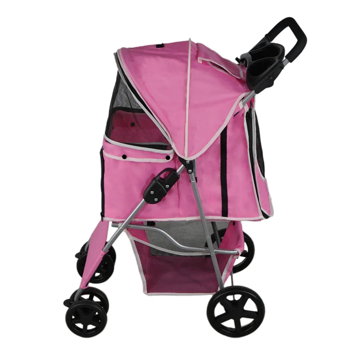 Pink pet stroller with a rain cover, featuring a mesh canopy, sturdy wheels, and a comfortable handle for easy maneuvering