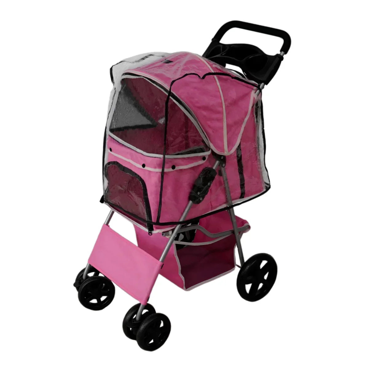 Pink pet stroller with a transparent rain cover, featuring a spacious cabin, sturdy wheels, and a lower storage basket for convenience