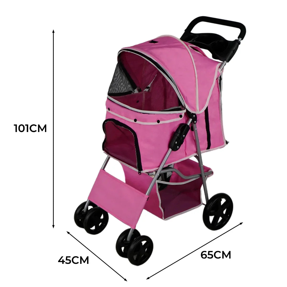 Pink pet stroller featuring a rain cover, mesh windows, and a sturdy frame, measuring 101cm tall and 65cm long