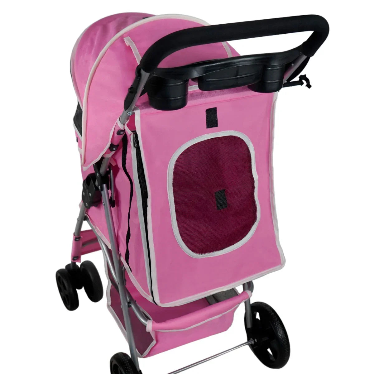 Pink pet stroller featuring a rain cover, mesh ventilation, and a sturdy frame with large wheels for easy maneuverability