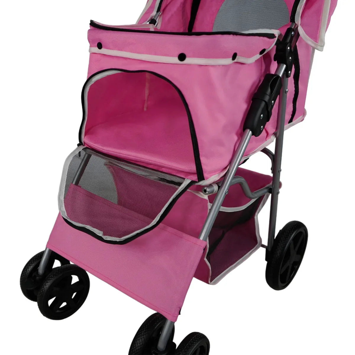 Pink pet stroller featuring a rain cover, mesh windows for ventilation, and a spacious lower storage compartment on durable wheels