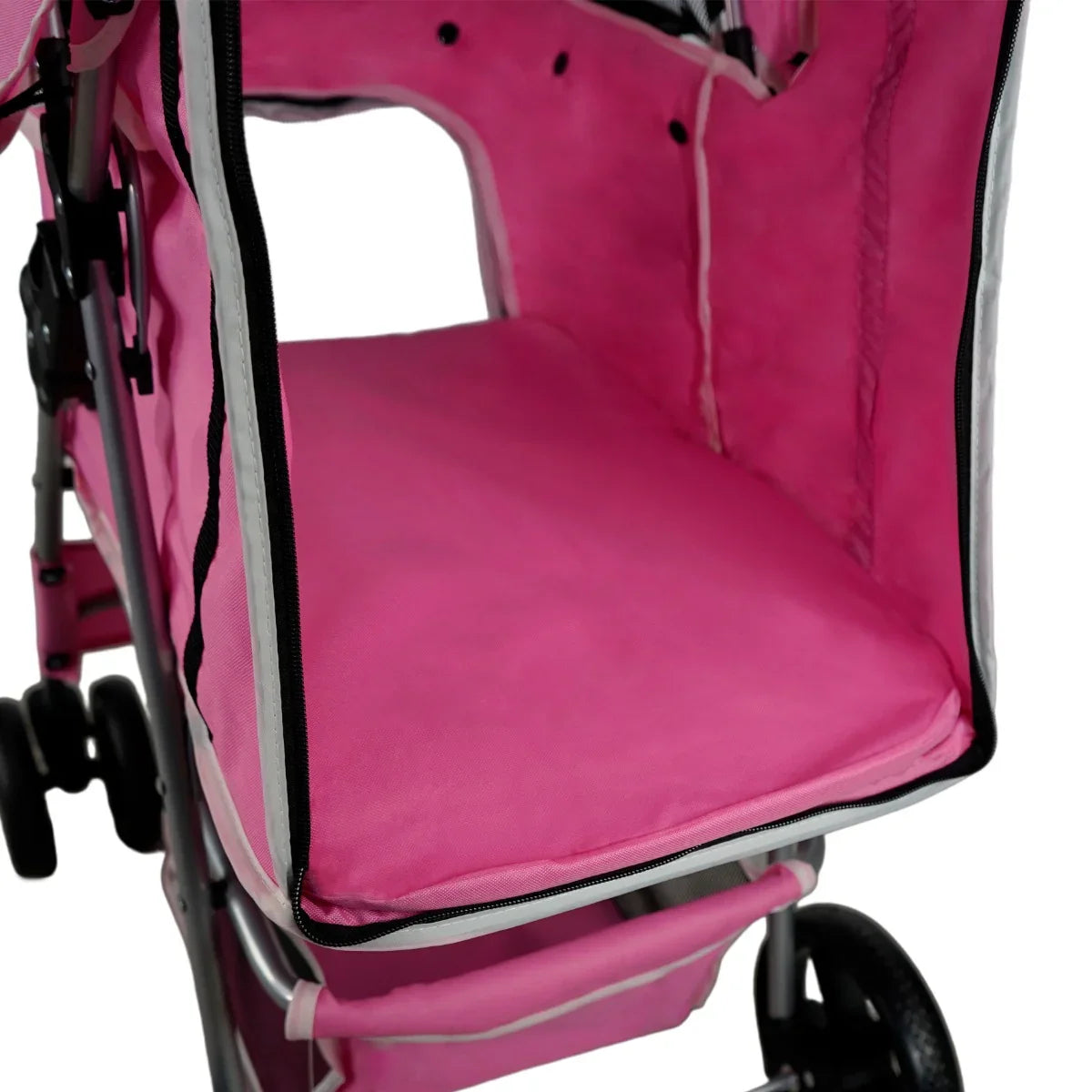 Pink pet stroller featuring a cozy interior with a soft cushion, mesh ventilation, and a weather-resistant rain cover