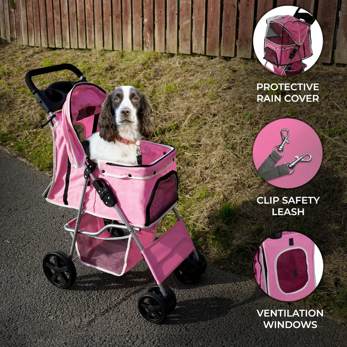 Pink pet stroller featuring a protective rain cover, ventilation windows, and a clip safety leash for secure pet transport