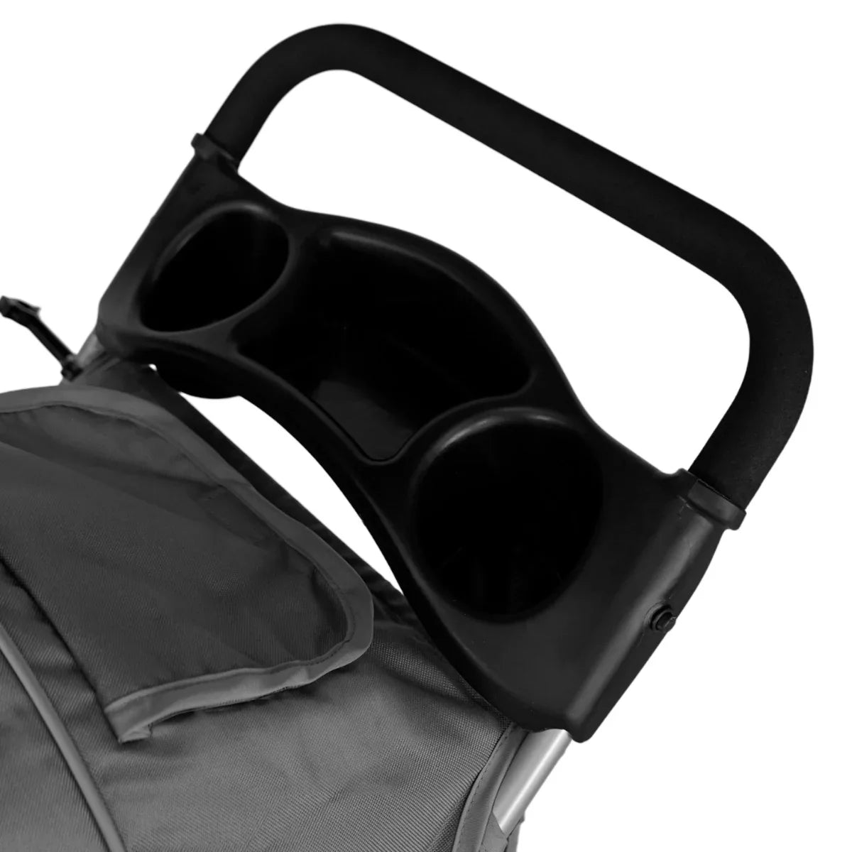 Grey pet stroller featuring a sturdy handle with dual cup holders, designed for comfort and convenience during walks