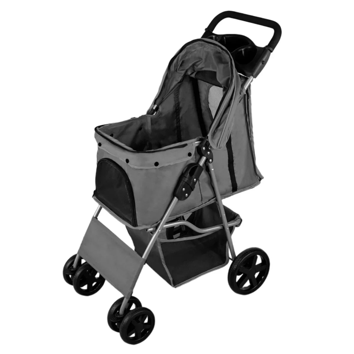 Grey pet stroller featuring a spacious interior, mesh windows for ventilation, and a rain cover for protection against the elements