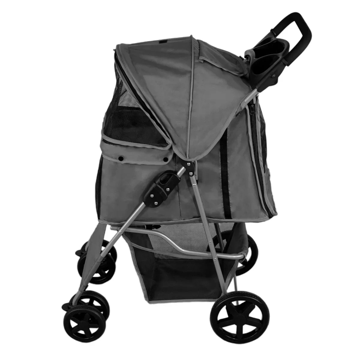 Grey pet stroller with rain cover, featuring a spacious mesh cabin, sturdy wheels, and a lower storage basket for convenience