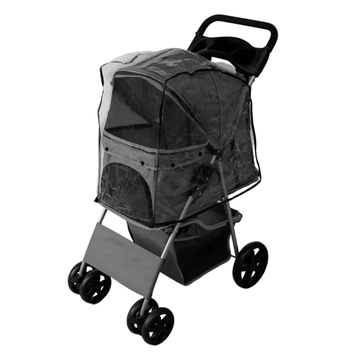 Grey pet stroller with a clear rain cover, featuring a spacious cabin, sturdy wheels, and a comfortable handle for easy maneuvering