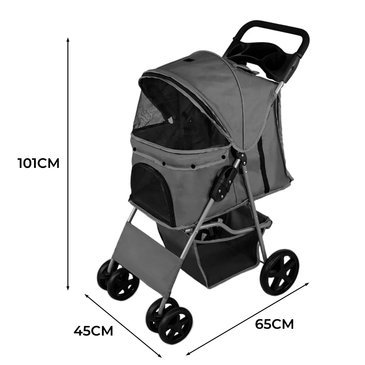 Grey pet stroller featuring a rain cover, spacious mesh windows, sturdy wheels, and a compact design for easy transport