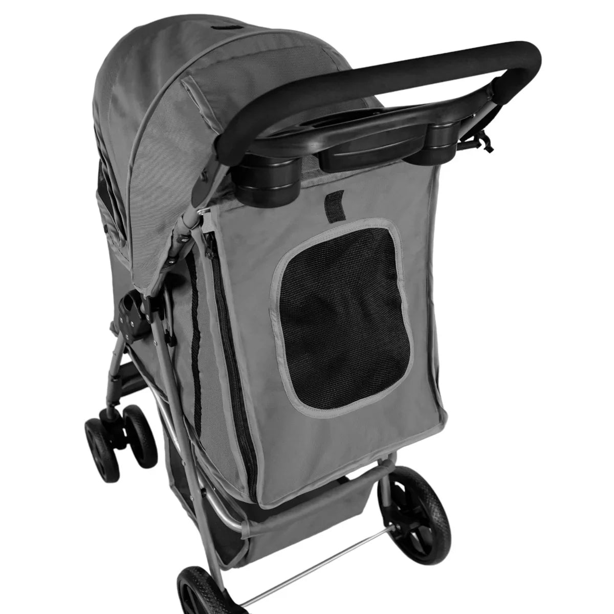Grey pet stroller featuring a rain cover, sturdy frame, mesh ventilation, and rear storage pocket for convenience