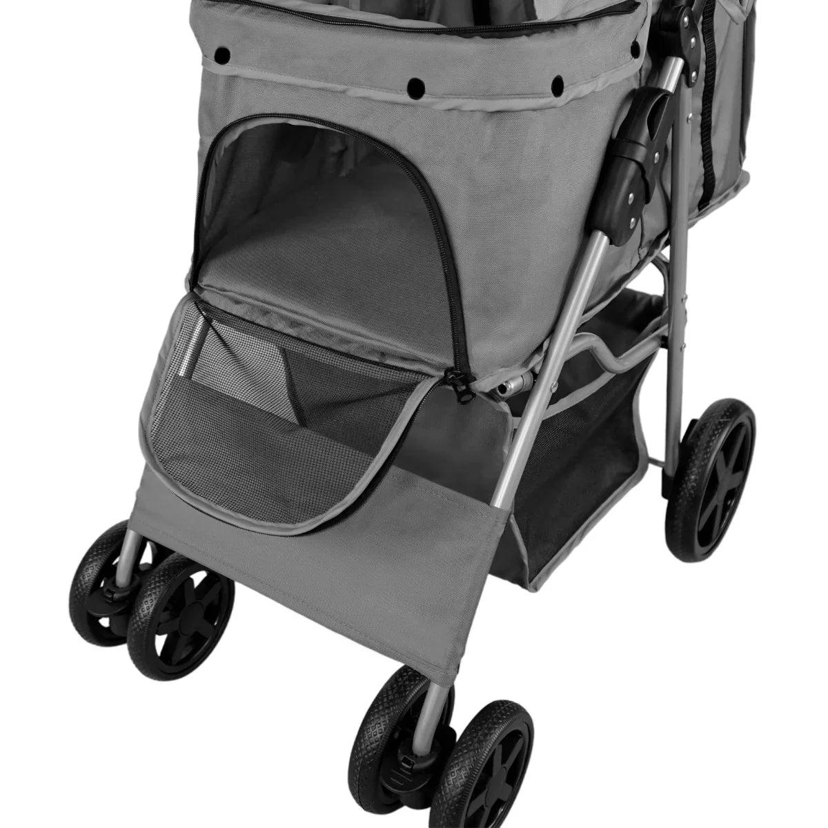 Grey pet stroller with a rain cover, featuring a mesh window, spacious compartment, and sturdy wheels for easy maneuverability