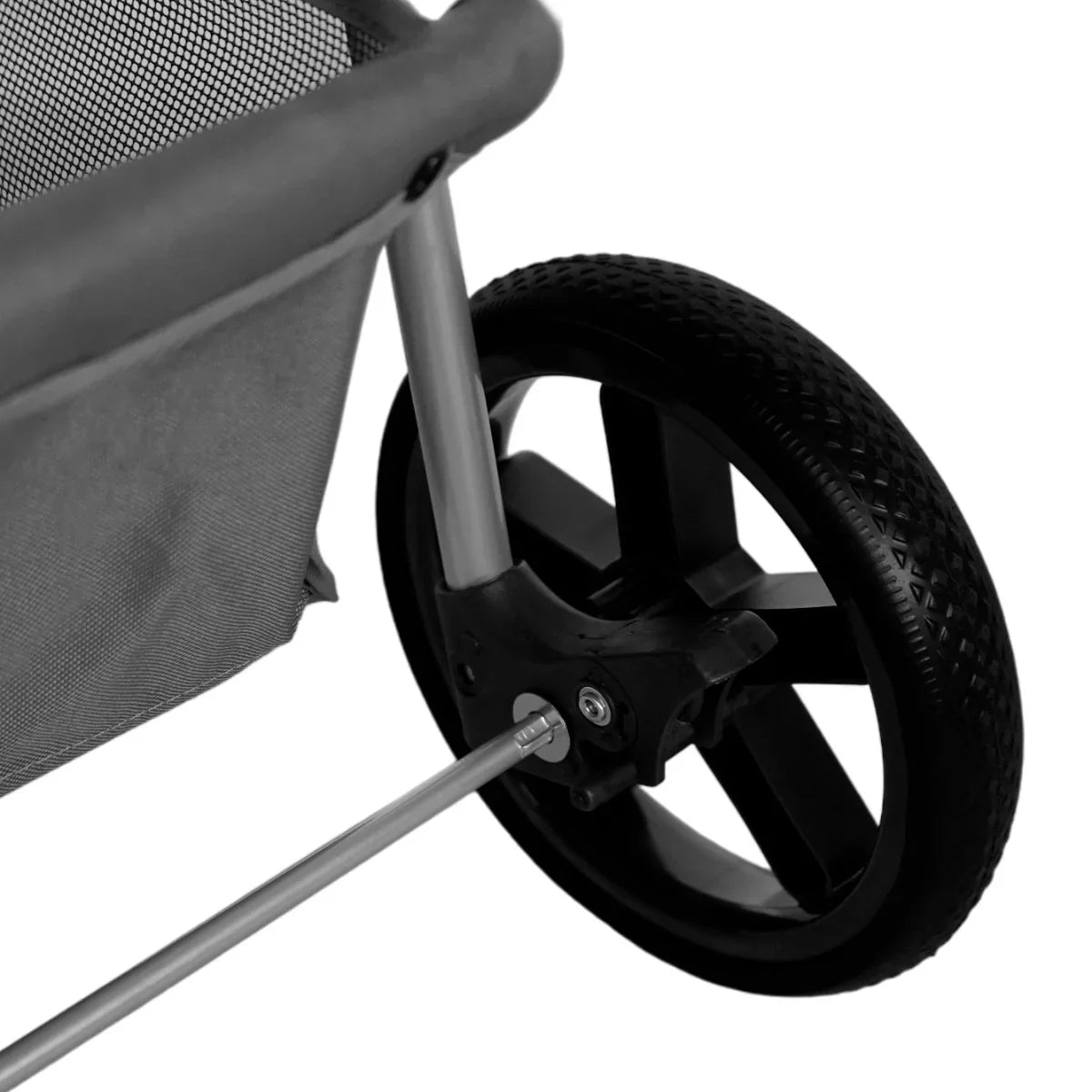 Grey pet stroller featuring a durable mesh basket and sturdy black rubber wheel for smooth mobility and comfort