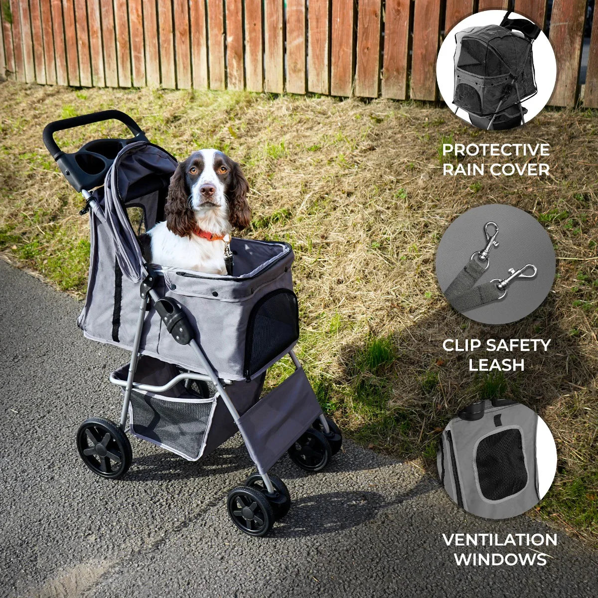 Grey pet stroller featuring a protective rain cover, ventilation windows, and a clip safety leash, ideal for outdoor adventures