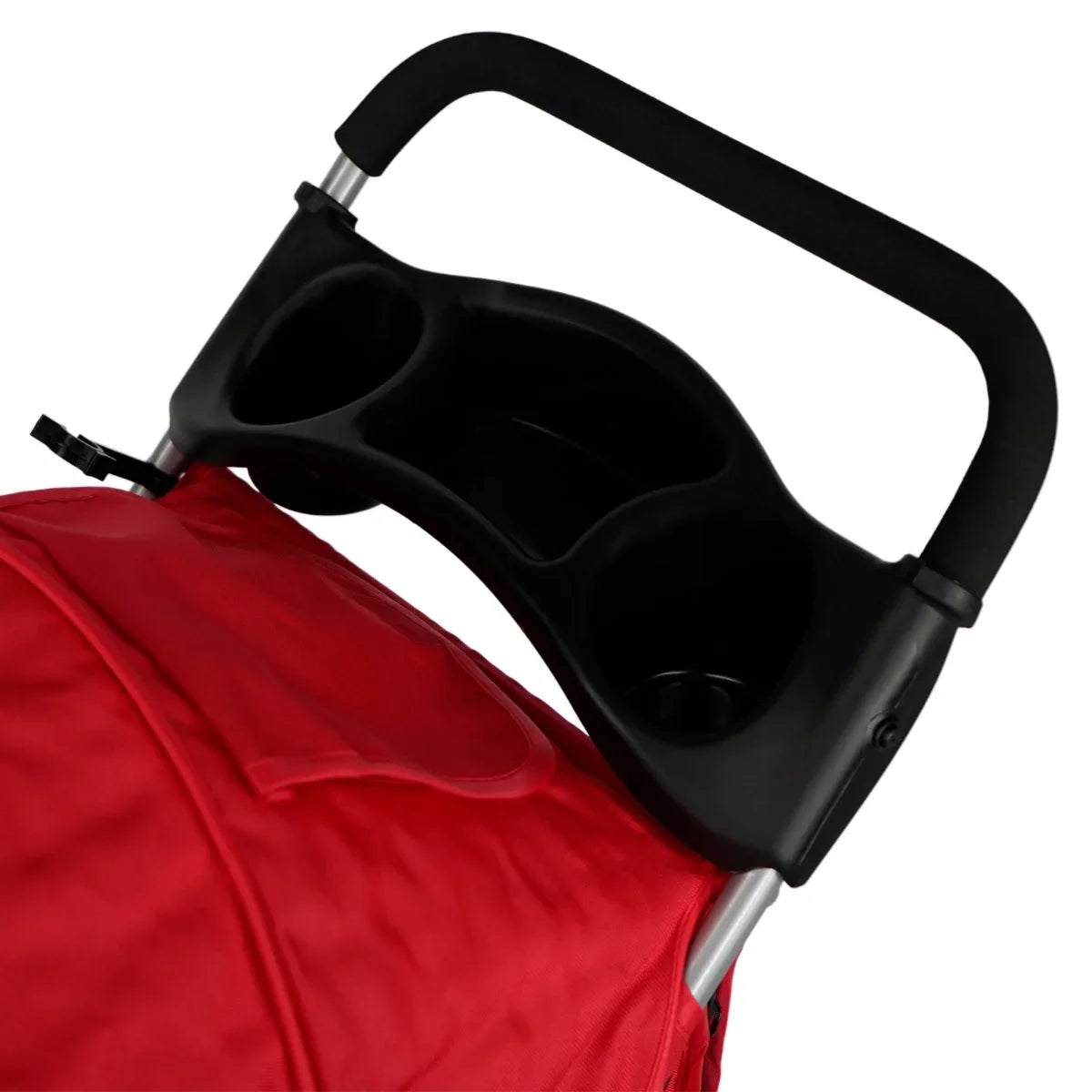 Red pet stroller featuring a sturdy black handle with cup holders, designed for comfort and convenience during walks
