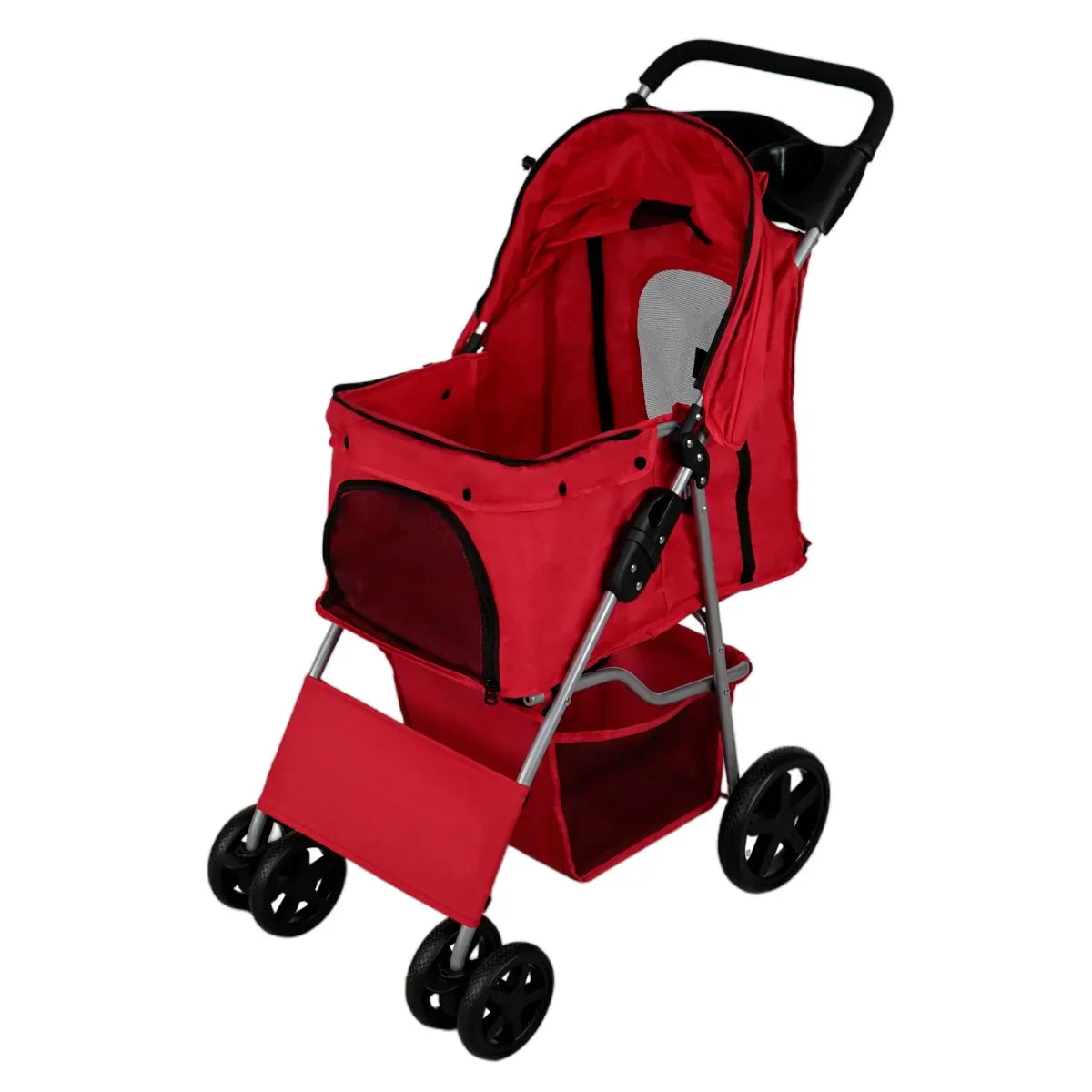 Red pet stroller featuring a spacious mesh compartment, sturdy wheels, and a protective rain cover for outdoor adventures