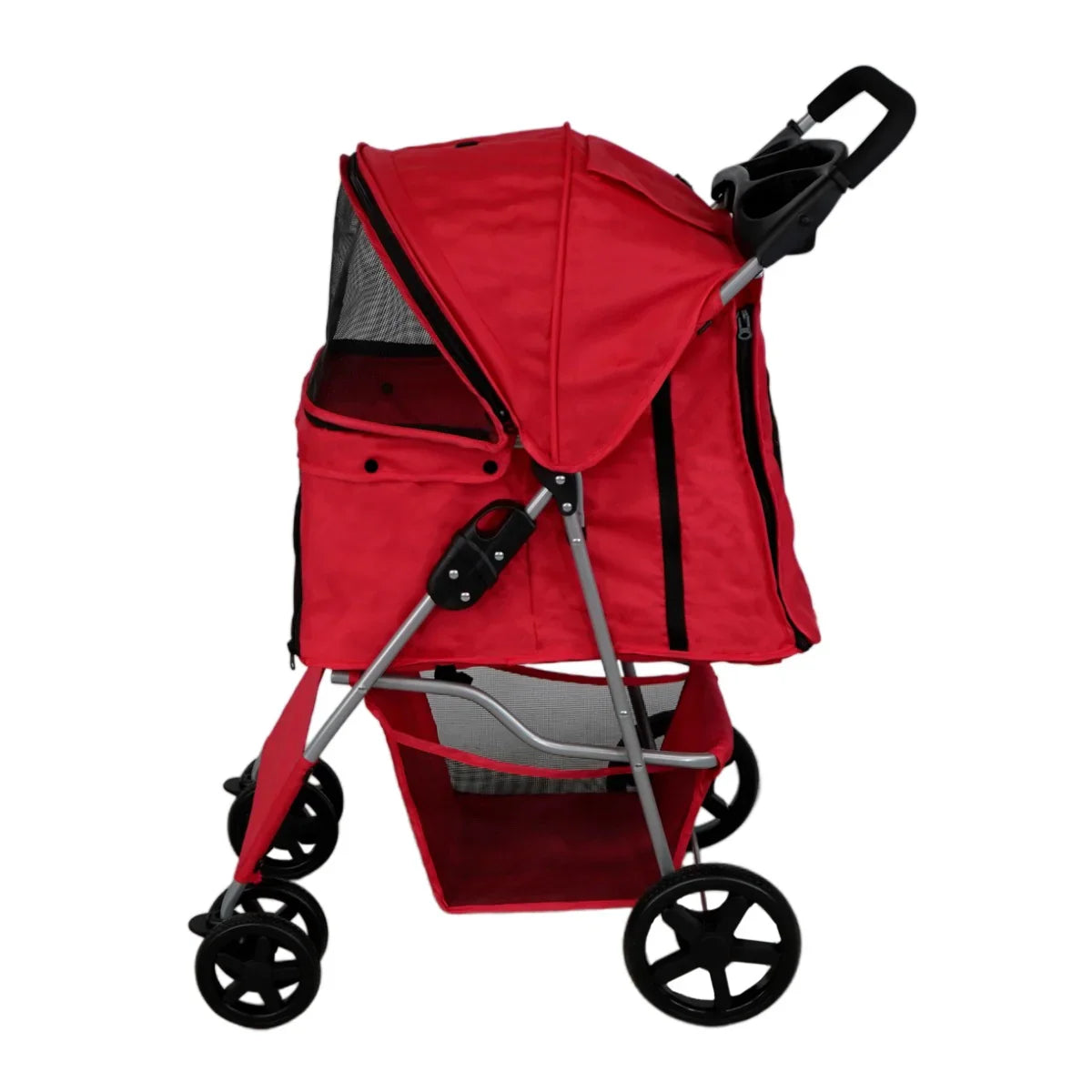 Red pet stroller featuring a weather-resistant rain cover, spacious mesh windows, and a sturdy frame with large wheels for easy maneuvering