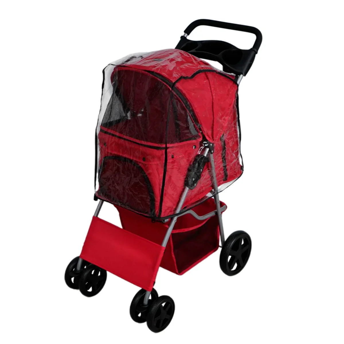 Red pet stroller featuring a transparent rain cover, spacious cabin, sturdy wheels, and a lower storage basket for convenience