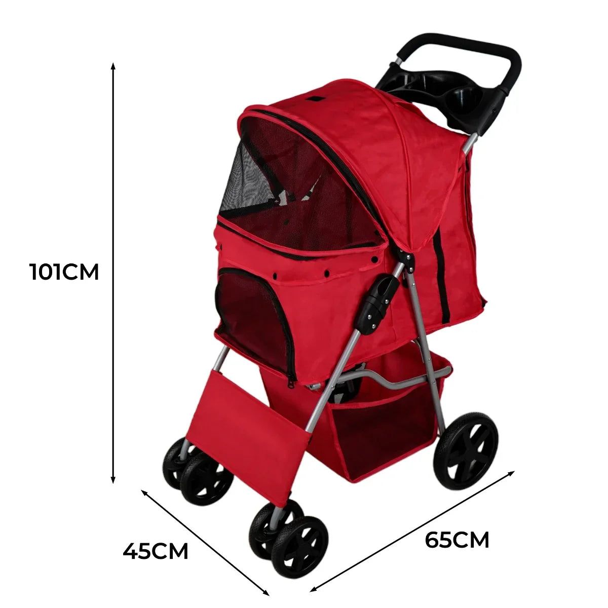 Red pet stroller with a rain cover, featuring a mesh front, sturdy wheels, and a spacious interior for comfortable pet transport