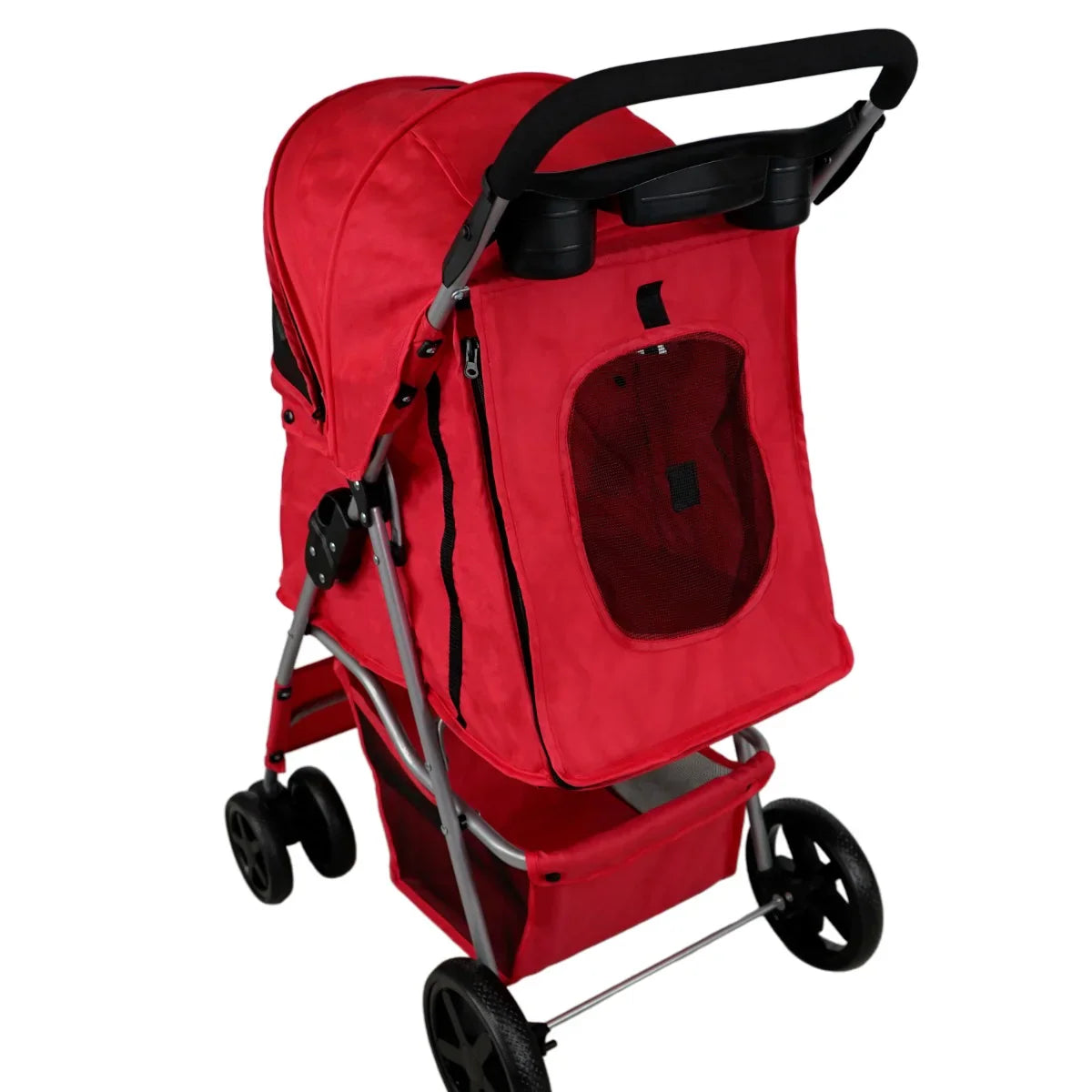 Red pet stroller featuring a rain cover, mesh windows for ventilation, and a sturdy frame with large wheels for easy maneuverability