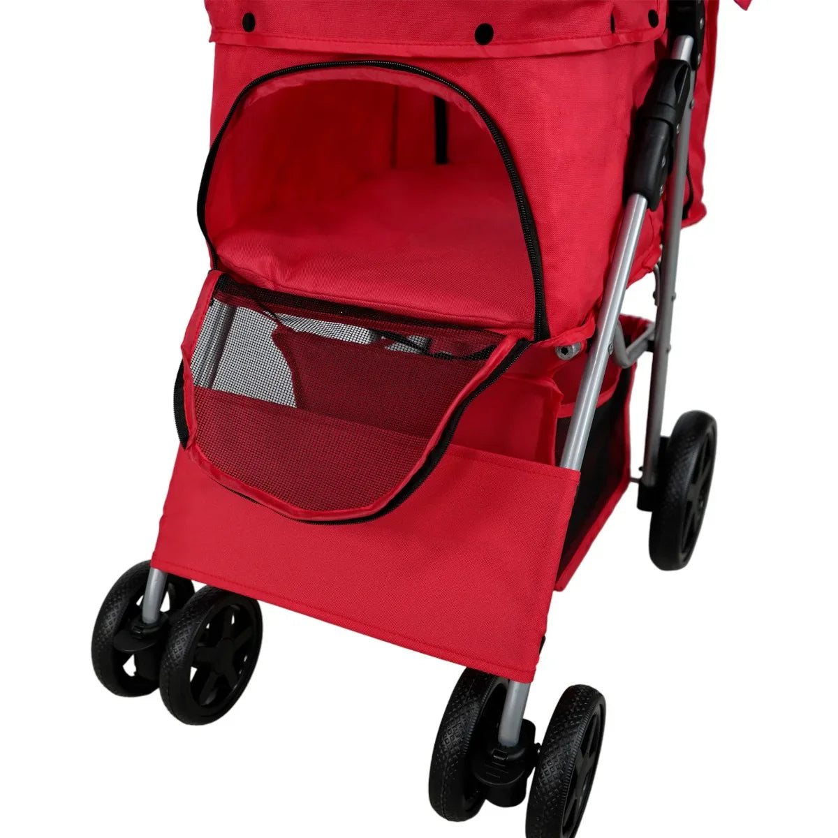 Red pet stroller featuring a rain cover, spacious mesh window, and convenient storage pocket, designed for comfort and safety