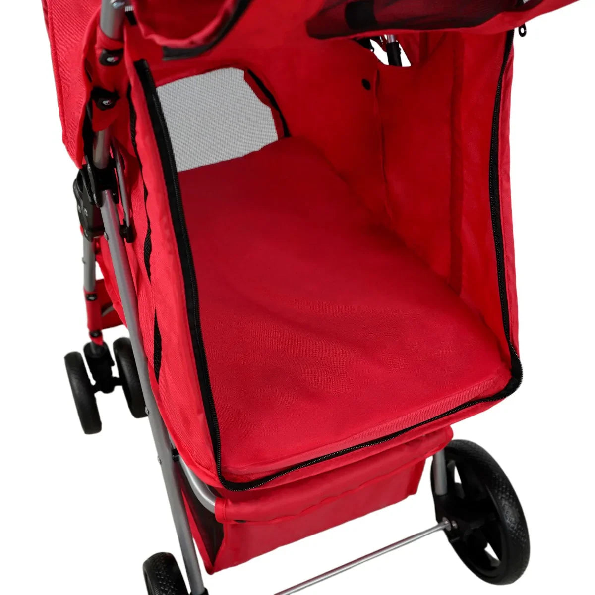 Red pet stroller featuring a spacious interior with a soft, padded seat and a protective rain cover for comfort and safety